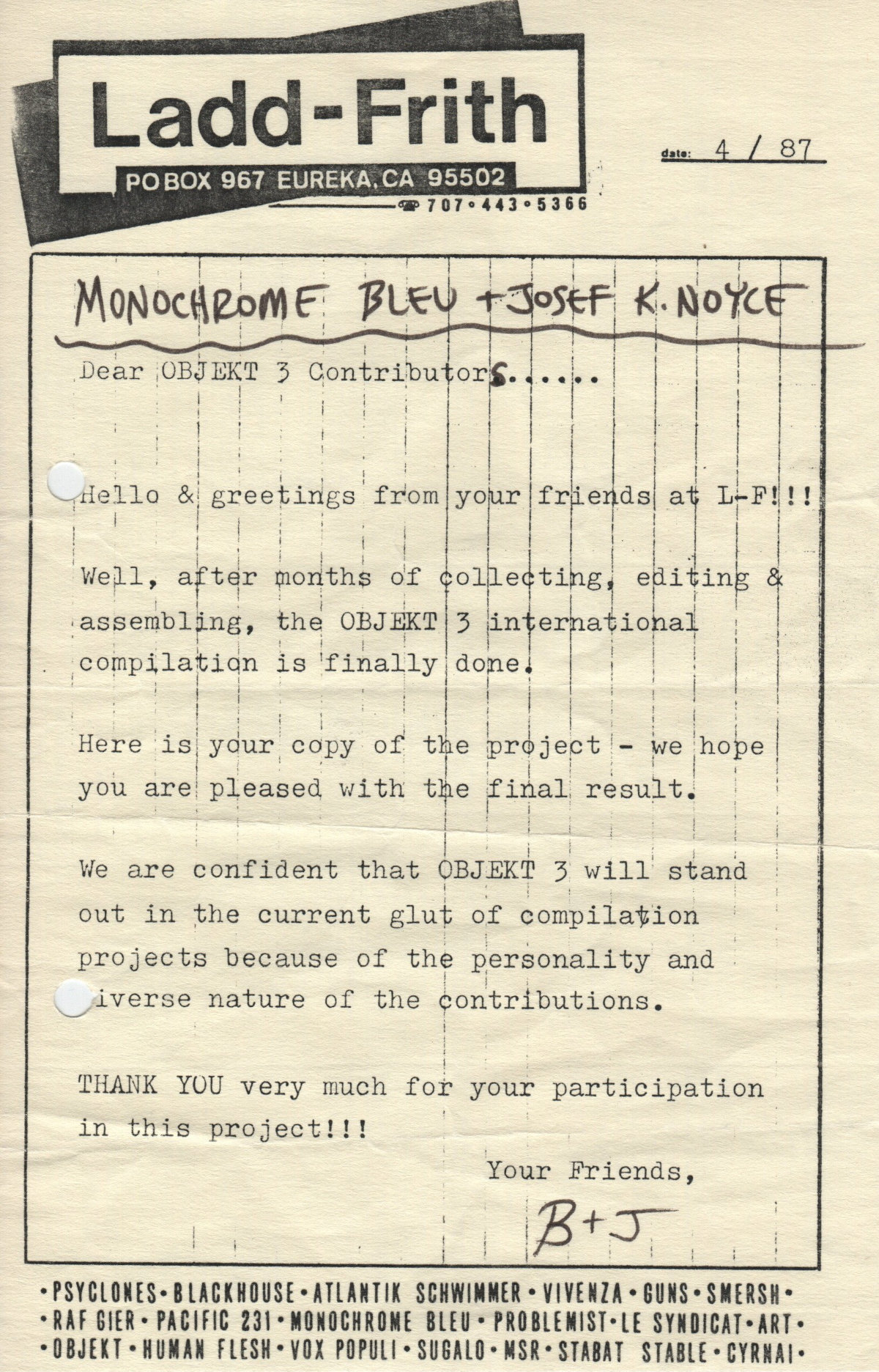 Letter: Ladd-Frith shipping Object No. 3!