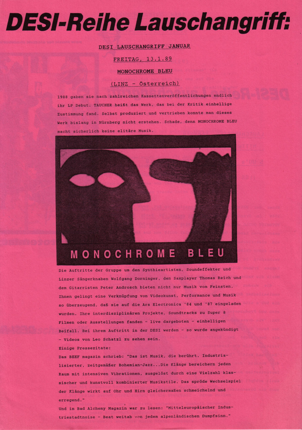 Booklet: Monochrome Bleu live at DESI-Reihe Lauschangriff